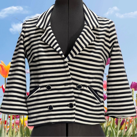 Topshop Jackets & Blazers - Topshop Navy & White Cropped 3/4 Length Sleeve Blazer Size 2